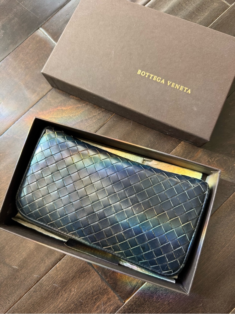 Bottega Veneta Intrecciato Zip Around Long Wallet Navy Blue with Box